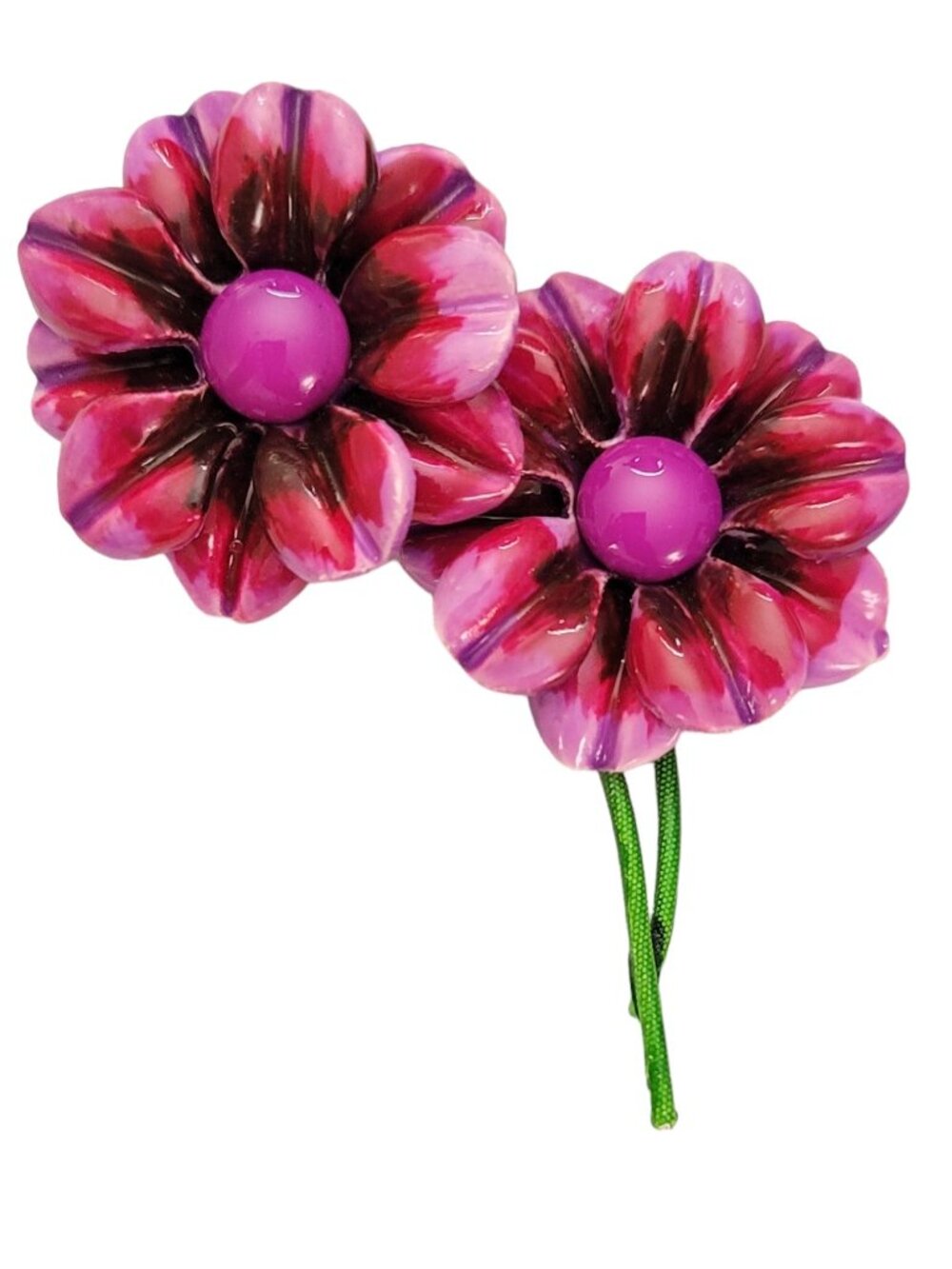 Pink Purple Plastic Daisy Flower Duo, Green Metal Stem Pin Brooch E143